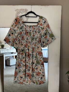 Mikarose Floral Midi Dress in Peach, Olive & Cream - size M